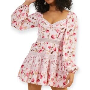 Altar’d State Pink Floral Corset Mini Dress Lace Puff Sleeve Boho Size Large